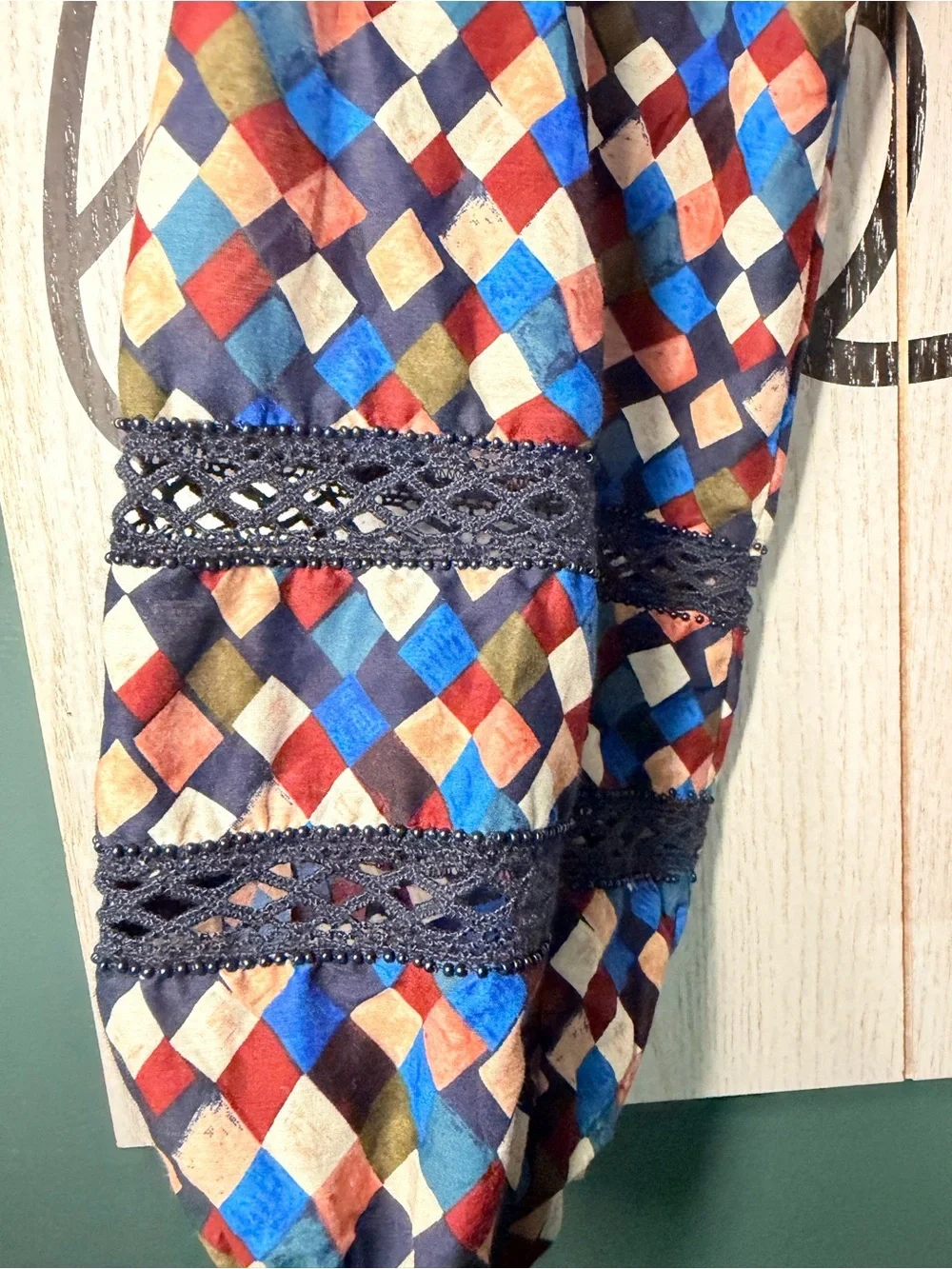 Tory Burch Navy Multi Geometric Tassel Peasant Top